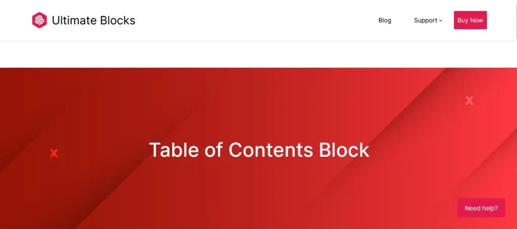 Screenshot of the Ultimate Blocks plugin's website, demonstrating its table of contents feature as one of the standout WordPress table of contents plugins