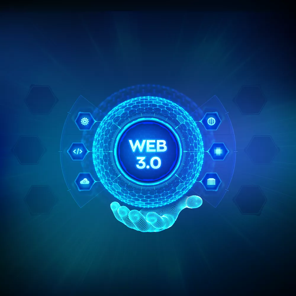 Futuristic holographic hand blueprint with Web3 text floating above, symbolizing the integration of WordPress and Web3 technologies.
