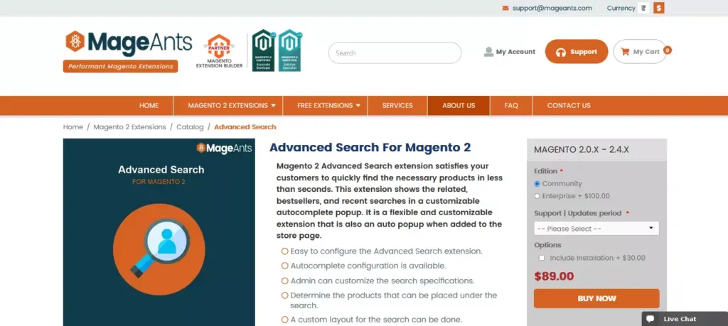 Screenshot of the Advanced Search for Magento 2 by MageAnts website, illustrating the functionalities of this top-notch Magento search extension.