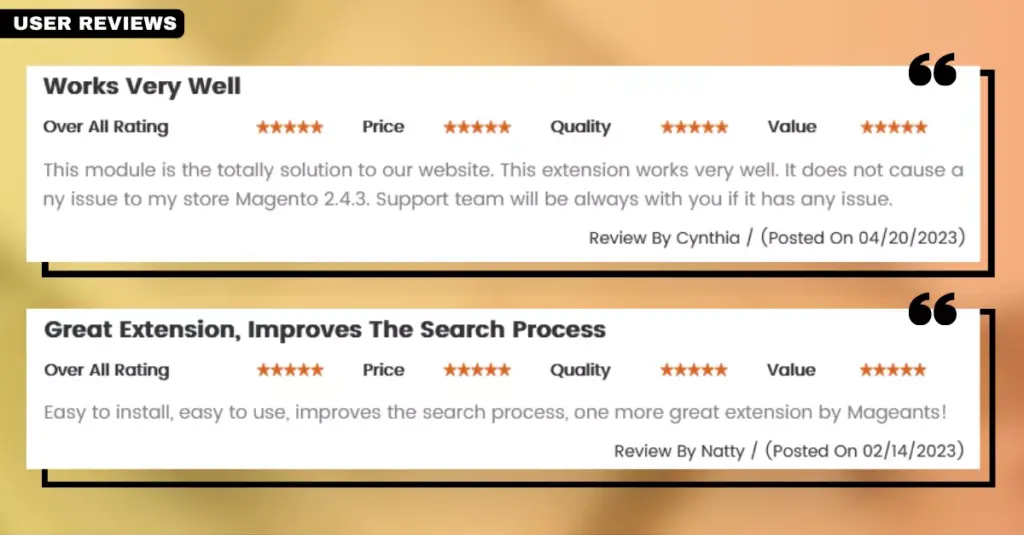 Screenshot of user reviews for the Advanced Search for Magento 2 by MageAnts extension, showcasing customer satisfaction with this Magento search extension.