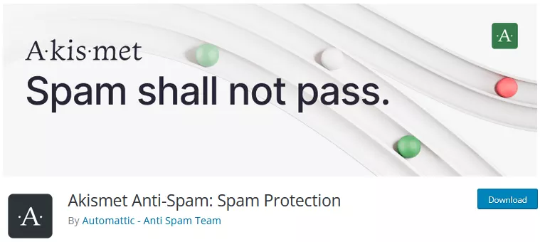 Akismet Spam Protection plugin page on WordPress repository, showcasing its features for effective anti-spam measures.