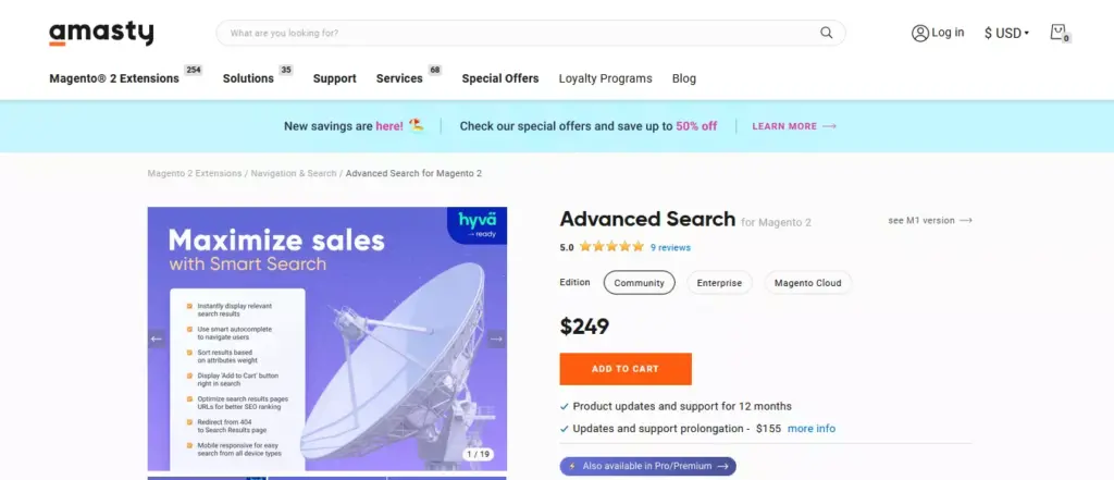 Screenshot of the Amasty Advanced Search website, showcasing the features of this premium Magento search extension for eCommerce platforms.