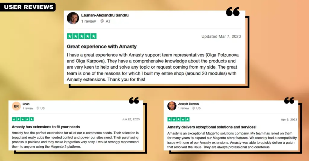 Screenshot of user reviews for the Amasty Advanced Search extension, highlighting the positive experiences of customers using this Magento search extension.