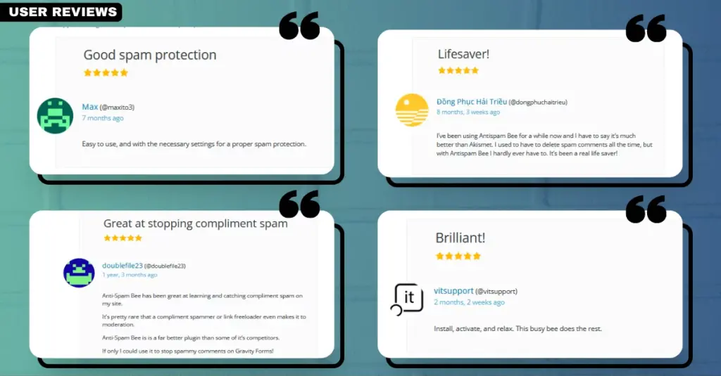 Screenshot of user reviews for the Antispam Bee plugin, showcasing its effectiveness as a WordPress anti-spam solution.