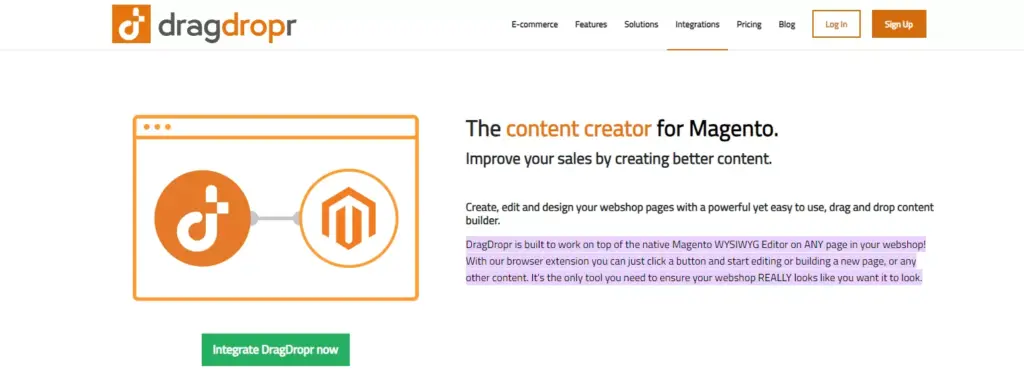 Screenshot of the DragDroper page builder extension for Magento 2, showcasing the interface and features of this top-rated page builder extension.