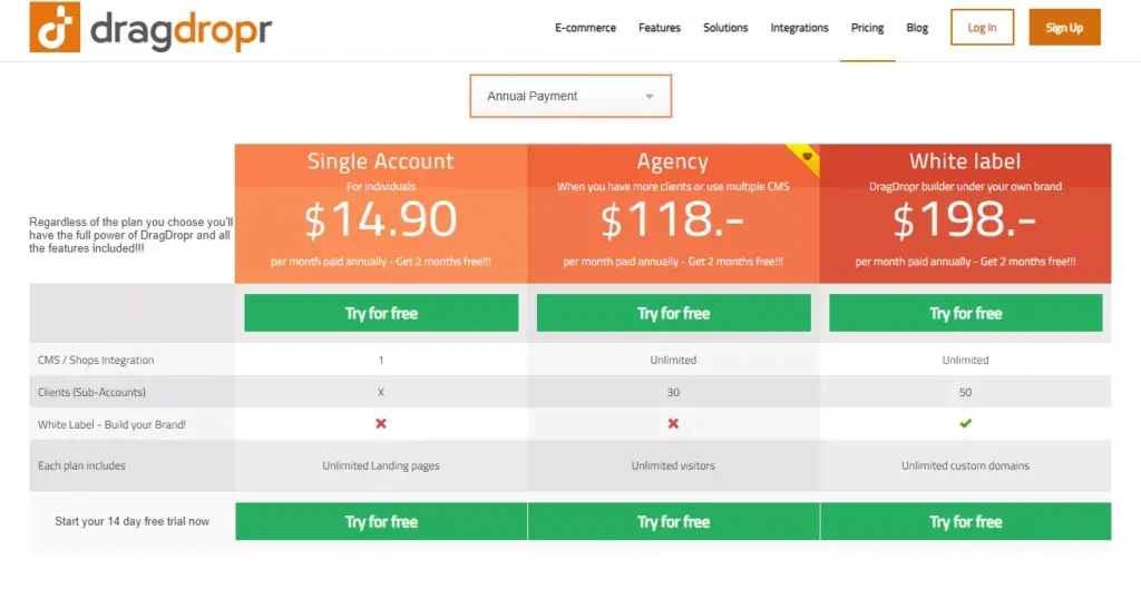 Screenshot displaying the pricing details of the DragDroper page builder extension for Magento 2