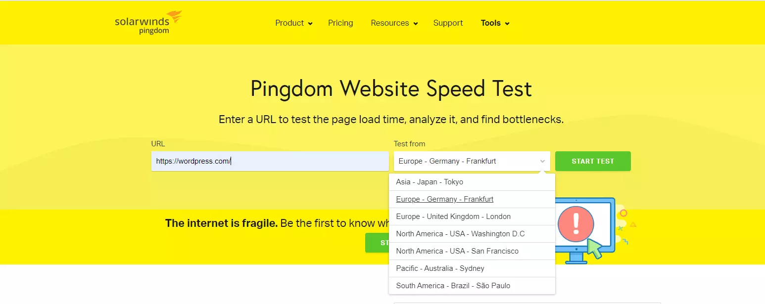 Screenshot demonstrating the step of entering a URL and selecting a server location on the Pingdom interface for WordPress speed testing.
