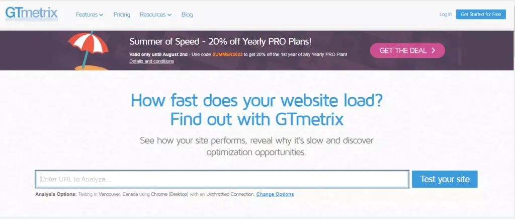 Screenshot of GTmetrix homepage, a powerful tool for WordPress website speed testing and optimization.