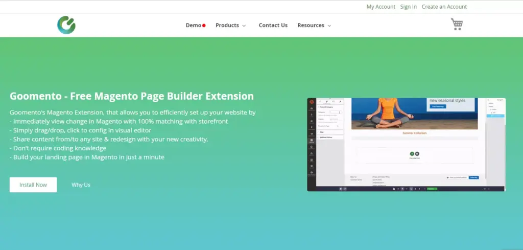 Screenshot showcasing the homepage of the Goomento Magento 2 Page Builder extension, highlighting its key features and benefits.