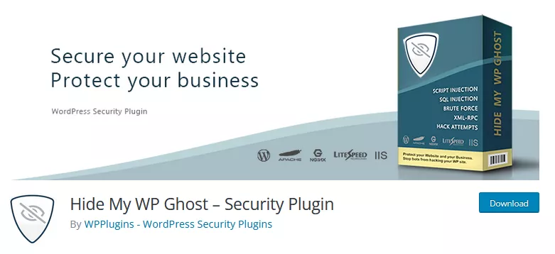 Screenshot of Hide My WP Ghost plugin in the WordPress repository, featuring the plugin's interface and functionality.