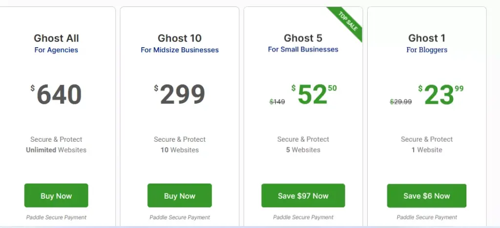 Screenshot of Hide My WP Ghost pricing page, displaying the different pricing plans and features offered by the plugin