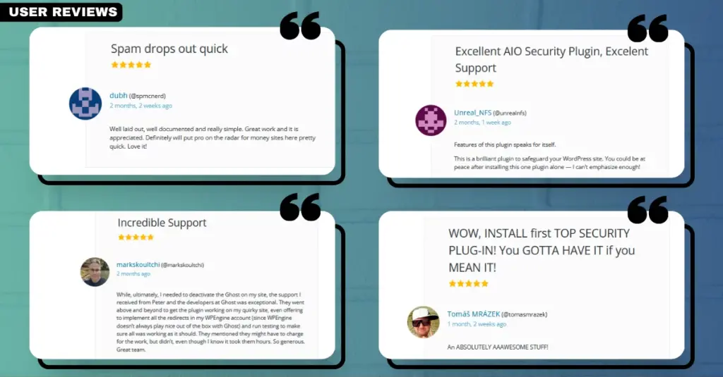 Screenshot of Hide My WP Ghost user reviews, showcasing positive feedback and testimonials about the plugin's effectiveness in securing WordPress websites.