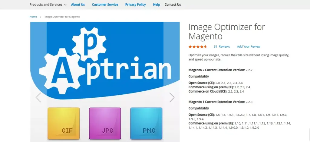 Screenshot of the Image Optimizer by Apptrian LLC extension webpage, a top Magento 2 image optimization tool, showcasing its features and benefits.