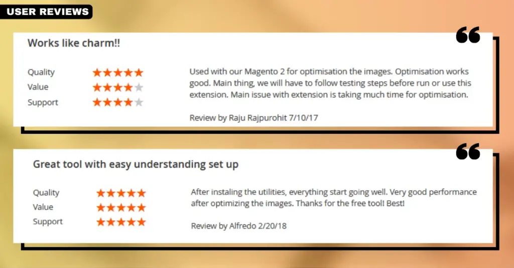 User reviews for the Image Optimizer by Apptrian LLC extension, highlighting its effectiveness as a Magento 2 image optimization tool.