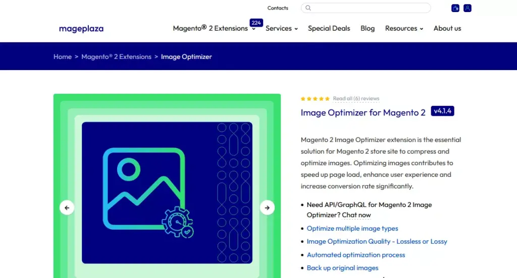 Screenshot of the Image Optimizer for Magento 2 by Mageplaza extension webpage, showcasing its key features for efficient image optimization.
