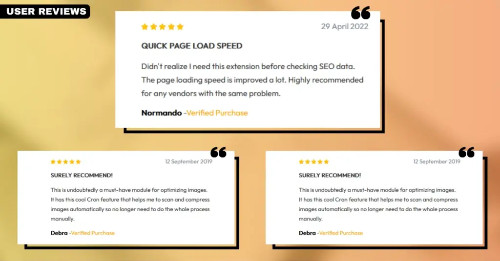 User reviews screenshot for the Image Optimizer for Magento 2 by Mageplaza extension, showcasing real user experiences and ratings for this image optimization tool.