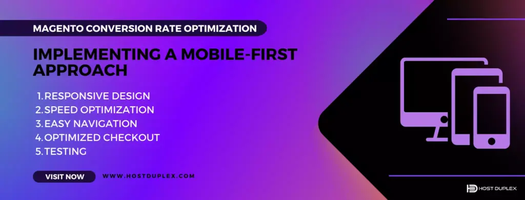 Implementing a mobile-first approach strategy for Magento conversion rate optimization, depicted by an icon of a mobile device and responsive design.