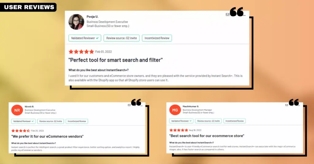 Screenshot of user reviews for the Instant Search by Fast Simon extension, demonstrating the positive feedback from customers using this Magento search extension.