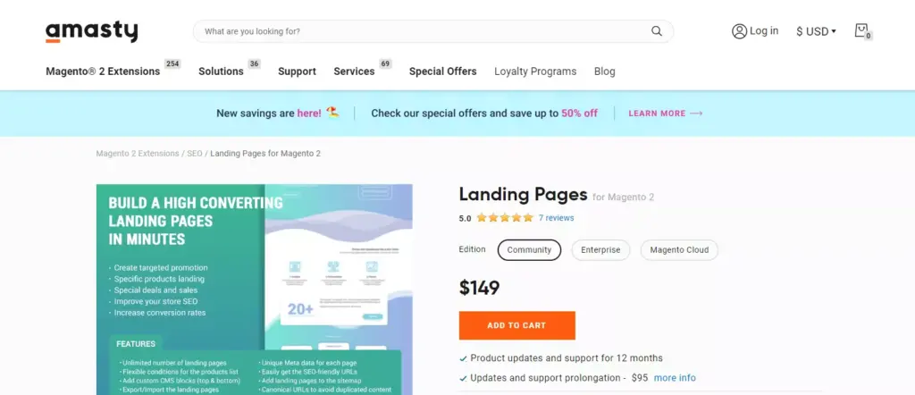 Screenshot showcasing the Landing Pages for Magento 2 by Amasty extension webpage, highlighting its key features and benefits for Magento store owners