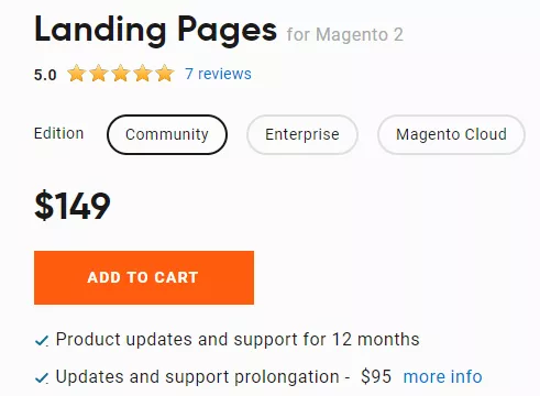 Screenshot displaying the pricing details for the Landing Pages for Magento 2 by Amasty extension