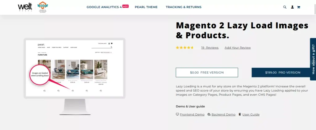 Screenshot of the Magento 2 Lazy Load Product Images by WeltPixel website, showcasing the extension's features and benefits for optimizing image loading and improving page speed on Magento 2 stores.