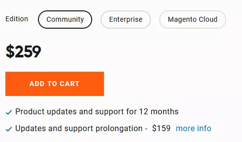 Screenshot of the pricing page for the Magento 2 Lazy Load by Amasty extension, showcasing the cost details for the community edition, including product updates and support services.