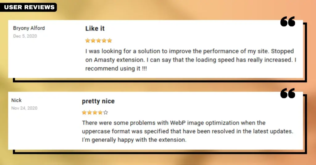 User reviews screenshot for the Lazy Load for Magento 2 by Amasty extension, showcasing real user experiences and ratings for this Magento 2 image optimization tool.