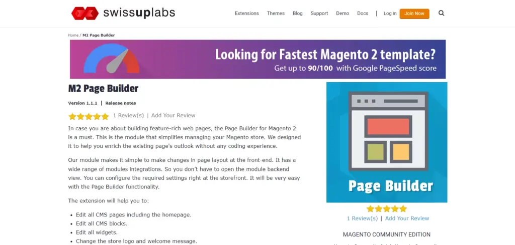 Screenshot showcasing the M2 Page Builder by Swissup Labs extension webpage, highlighting its key features and benefits for Magento 2 store owners