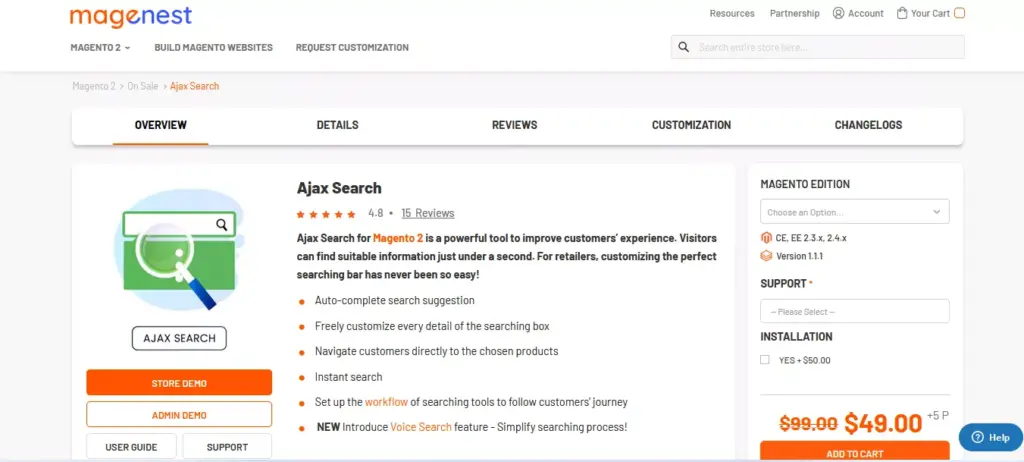 Screenshot of the Magenest Ajax Search website, showcasing the functionalities of this efficient Magento search extension for eCommerce platforms.