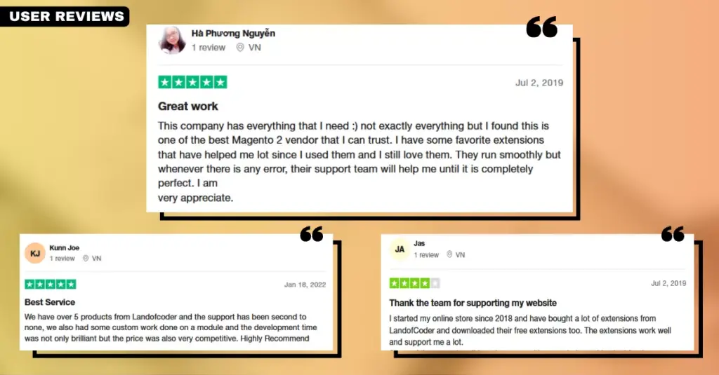 Screenshot of user reviews for the Auto Search by Landofcoder extension, reflecting the positive experiences of customers using this Magento search extension.