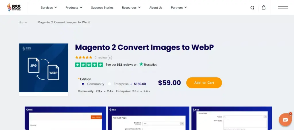 Screenshot of the Magento 2 Convert Images to WebP by BSS extension webpage, showcasing its features for image optimization