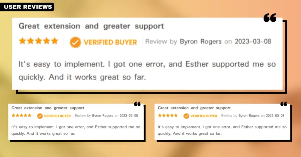 User reviews screenshot for the Magento 2 Convert Images to WebP by BSS extension, highlighting positive feedback on image optimization capabilities.