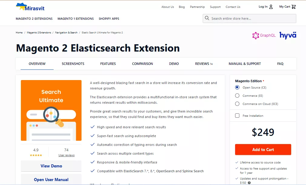 Screenshot of the Magento 2 ElasticSearch Suite by Mirasvit website, highlighting the features of this robust Magento search extension for eCommerce stores.