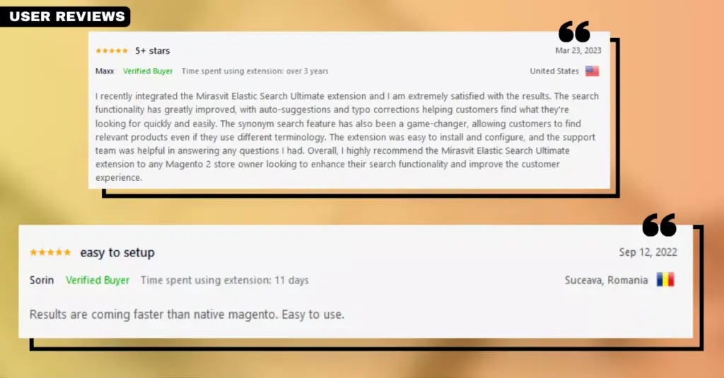 Screenshot of user reviews for the Magento 2 ElasticSearch Suite by Mirasvit extension, reflecting the positive experiences of customers using this Magento search extension.
