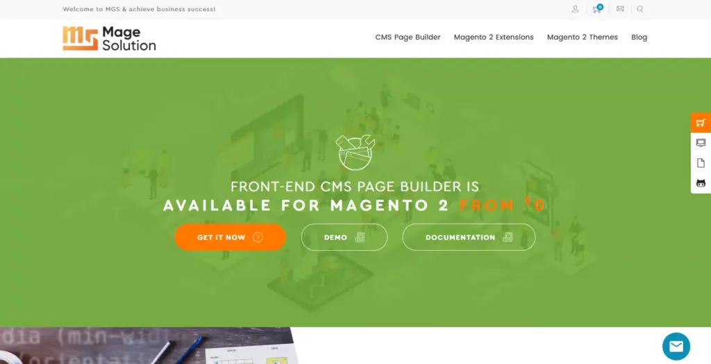 Screenshot of the Magento 2 Front-end CMS Page Builder by Mage Solution webpage, displaying its unique features and capabilities for building custom Magento pages.
