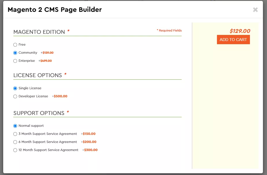Screenshot of the pricing page for the Magento 2 Front-end CMS Page Builder by Mage Solution