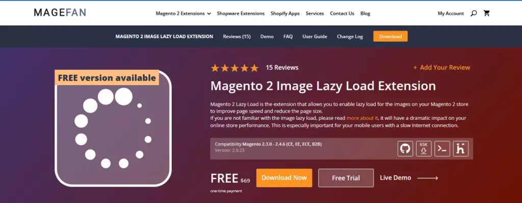 Screenshot of the Magento 2 Image Lazy Load Extension by MageFan website, displaying the key features and benefits of this extension designed to enhance page speed and user experience on Magento 2 stores.