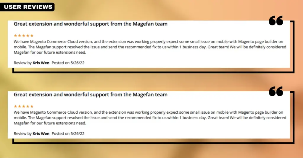 Screenshot of user reviews for the Magento 2 Image Lazy Load extension by Magefan, highlighting positive customer feedback and high ratings for its effective image optimization and improved page load speed.