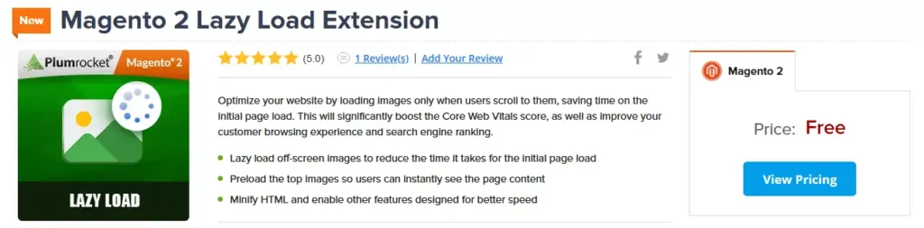 Screenshot of the Magento 2 Lazy Load Extension by Plumrocket website, showcasing the features and benefits of this SEO-optimized tool for improving website load speed and performance.