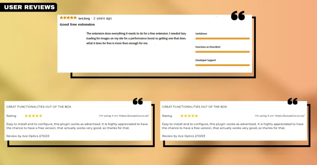 Screenshot of user reviews for the Magento 2 Lazy Load Product Images extension by WeltPixel, showcasing high ratings and positive feedback for its performance in improving page load speed and user experience.