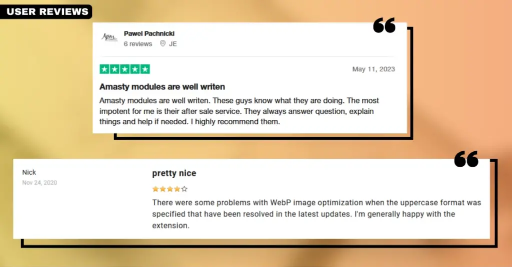 Screenshot of user reviews for the Magento 2 Lazy Load extension by Amasty, highlighting positive customer feedback and high ratings
