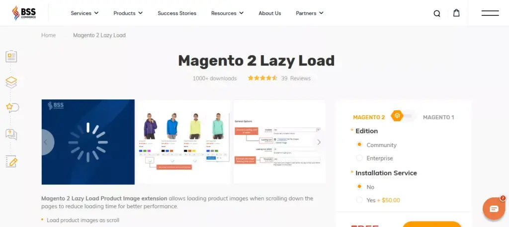Screenshot of the Magento 2 Lazy Load by BSS extension webpage, showcasing its features and benefits for image optimization.
