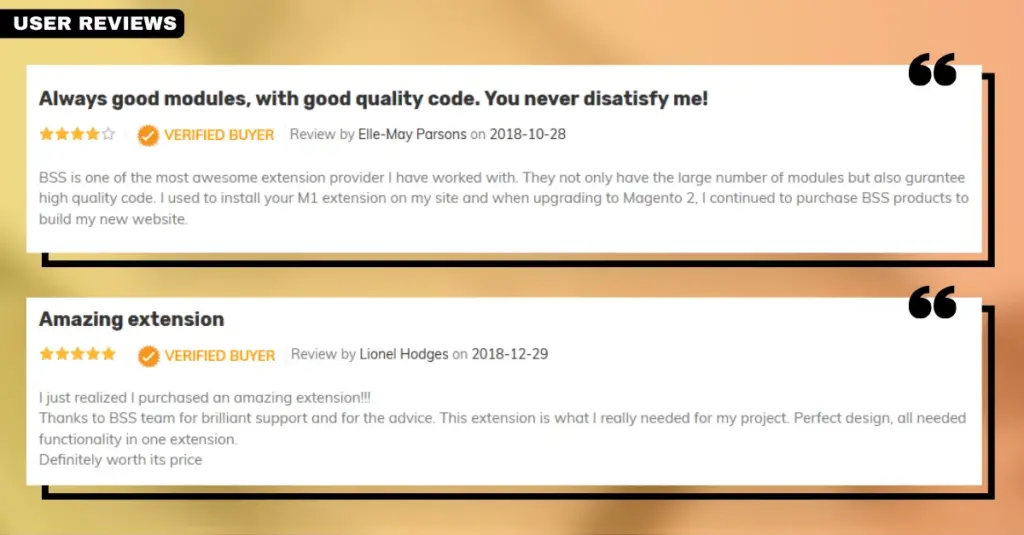 User reviews screenshot for the Magento 2 Lazy Load by BSS extension, highlighting positive feedback on its image optimization capabilities.