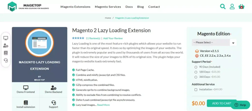 Screenshot of the Magetop's Magento 2 Lazy Load extension webpage, showcasing the key features and benefits of this performance-enhancing tool for Magento websites.