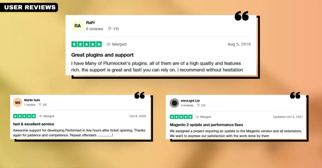 Screenshot of user reviews for the Magento 2 Lazy Load extension by Plumrocket, showcasing positive feedback and high ratings from customers who have experienced improved website performance after installation.