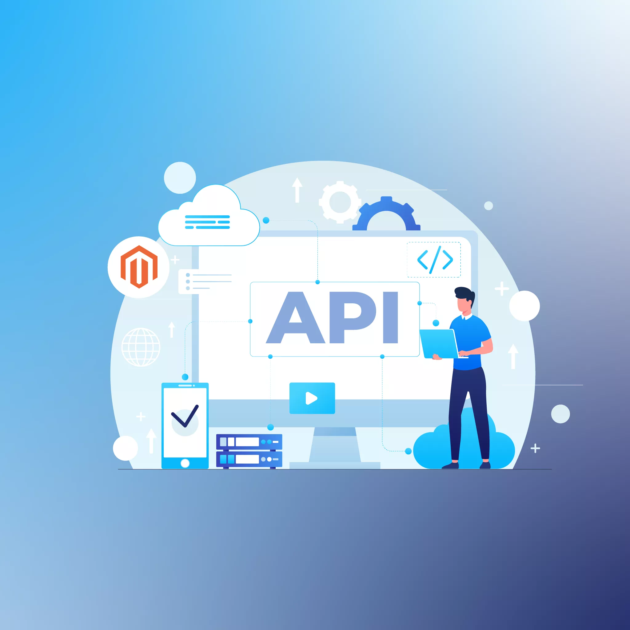 Feature image of a developer working on Magento 2 Rest API, surrounded by icons representing coding, cloud services, mobile, Magento, and server.