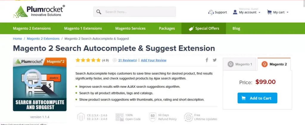 Screenshot of the Magento 2 Search Autocomplete Suggest Extension by Plumrocket website, demonstrating the capabilities of this advanced Magento search extension.