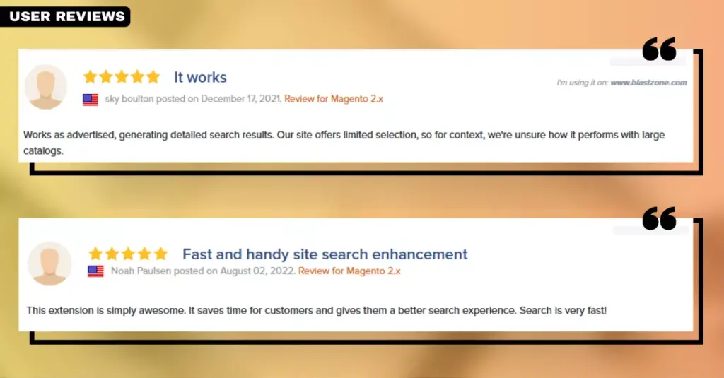 Screenshot of user reviews for the Magento 2 Search Autocomplete Suggest Extension by Plumrocket, showcasing customer satisfaction with this Magento search extension.