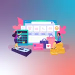 Business professionals calculating Magento pricing for their ecommerce store, with a Magento store web screen and cost icons in the background