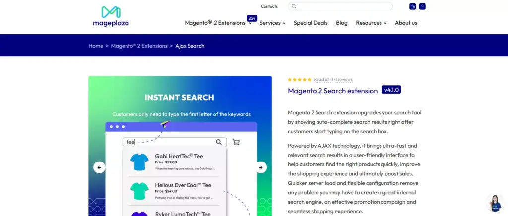 Screenshot of the Mageplaza Ajax Search website, highlighting the features of this highly-rated Magento search extension for eCommerce sites.